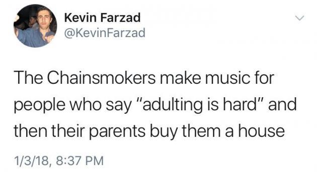dank memes and pics - don t understand people who do things - Kevin Farzad The Chainsmokers make music for people who say "adulting is hard" and then their parents buy them a house 1318,