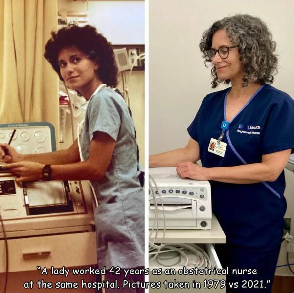 cool random pcis - 1979 nurse - P Muth Nurse "A lady worked 42 years as an obstetrical nurse at the same hospital. Pictures taken in 1979 vs 2021."