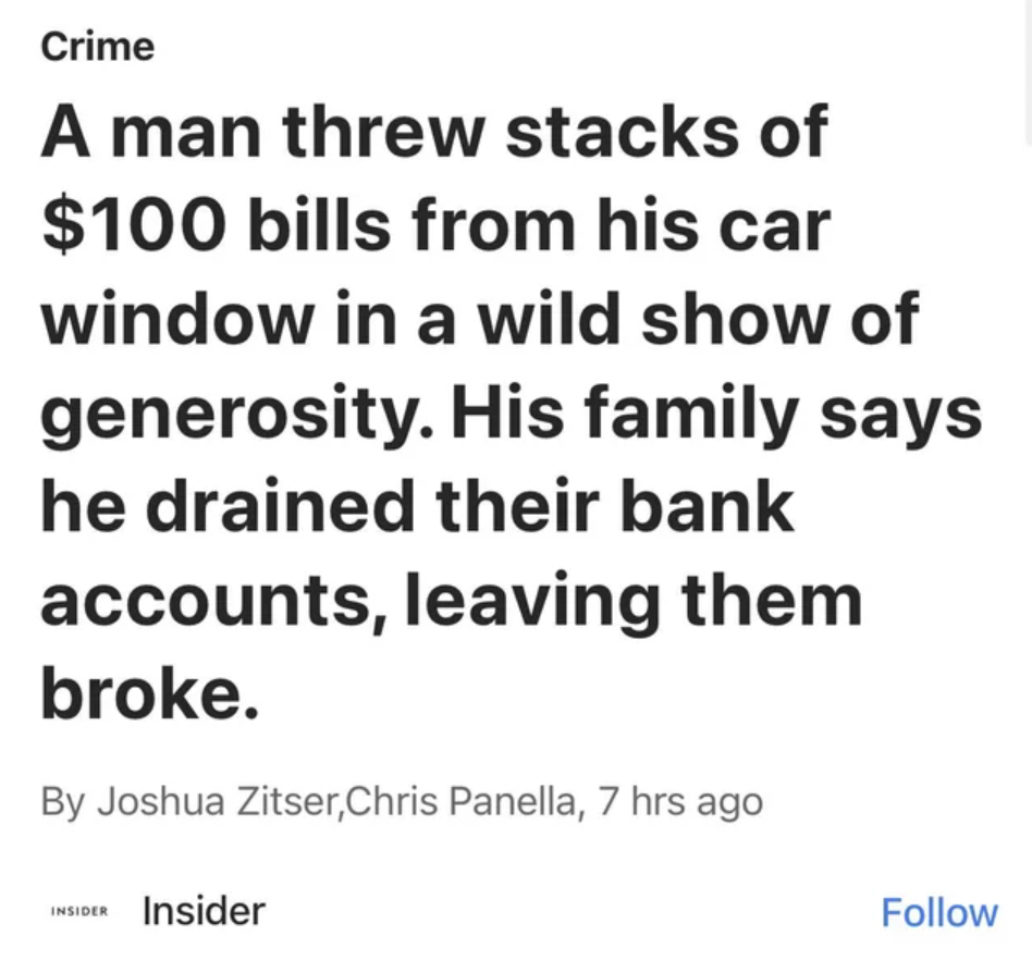 bus and a car leave the same place and traveling in opposite direction - Crime A man threw stacks of $100 bills from his car window in a wild show of generosity. His family says he drained their bank accounts, leaving them broke. By Joshua Zitser,Chris Pa