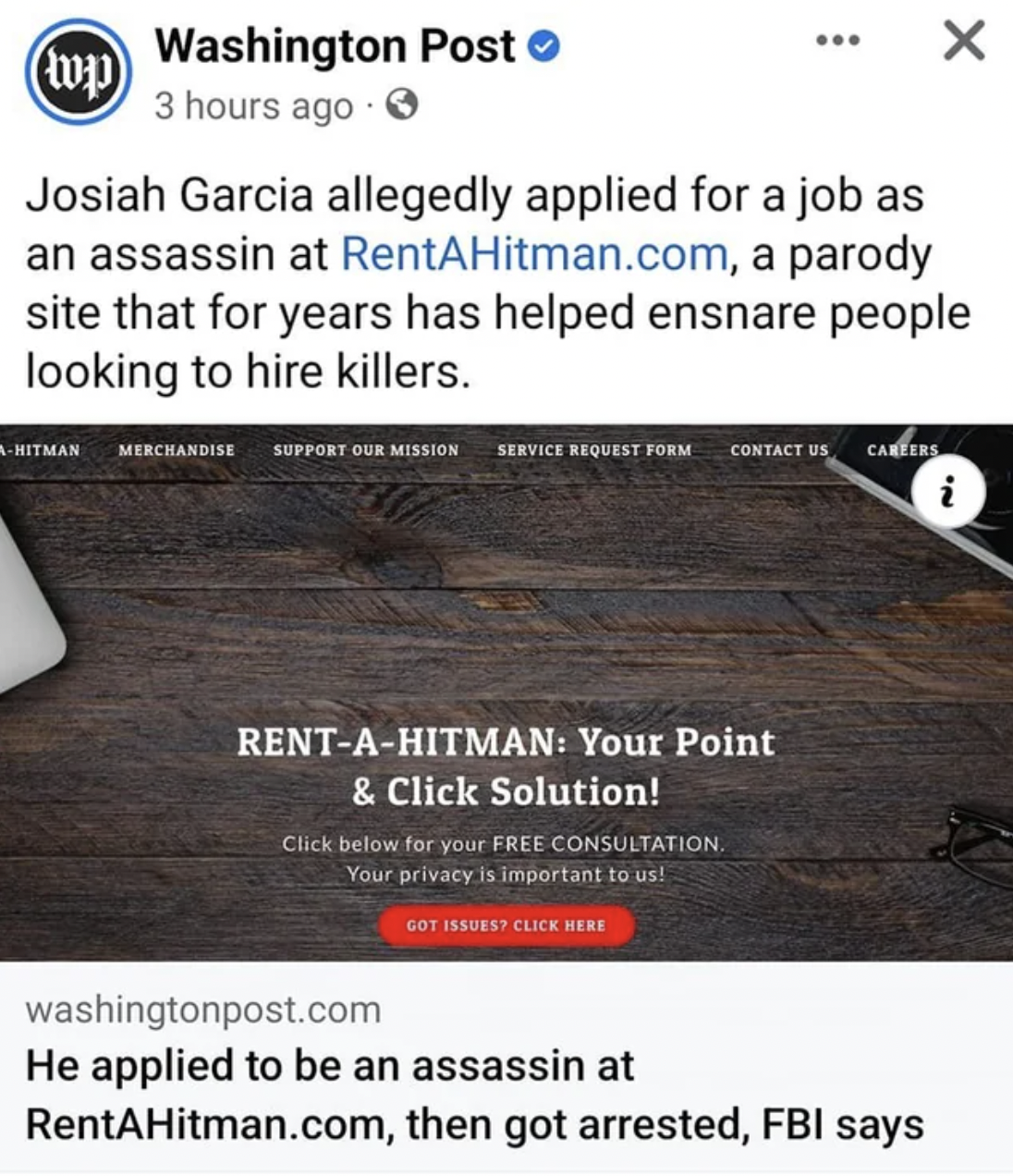 floor Hitman Josiah Garcia allegedly applied for a job as an assassin at RentAHitman.com, a parody site that for years has helped ensnare people looking to hire killers.