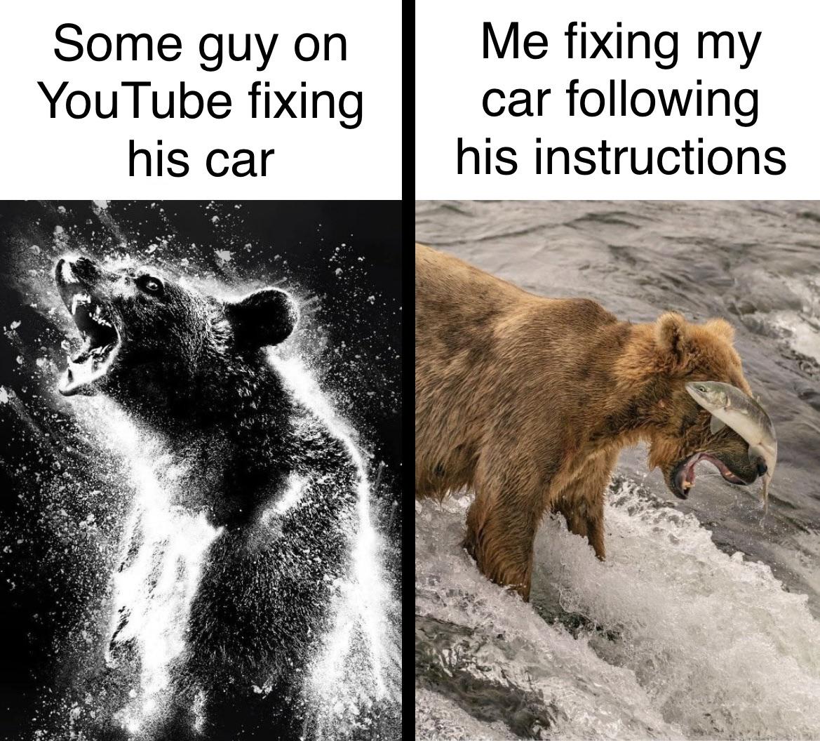 funny memes and pcis - cocaine bear movie theater - Some guy on YouTube fixing his car Me fixing my car ing his instructions