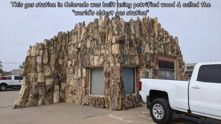 Monday Morning Randomness - luxury vehicle - This gas station in Colorado was built using petrified wood & called the