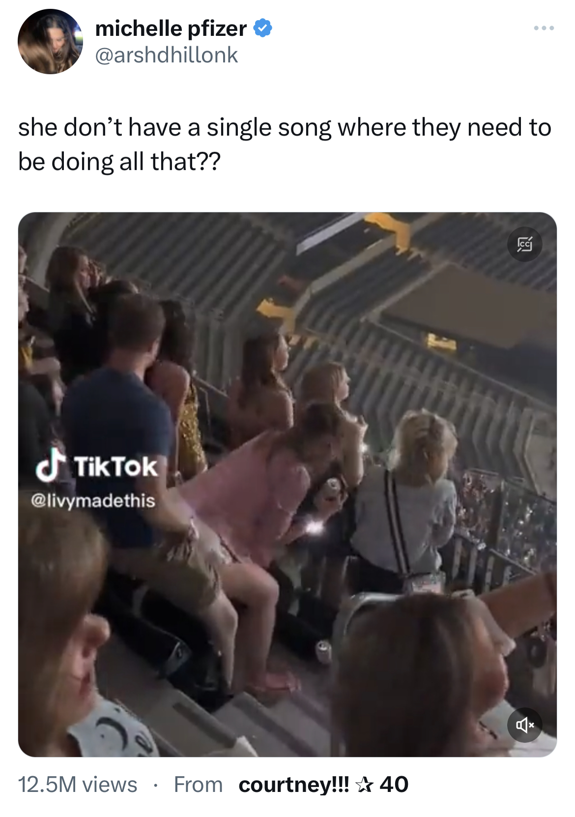 Don't have a single song where they need to do this - photo caption - michelle pfizer she don't have a single song where they need to be doing all that?? TikTok 12.5M views From courtney!!! 40 130 %7