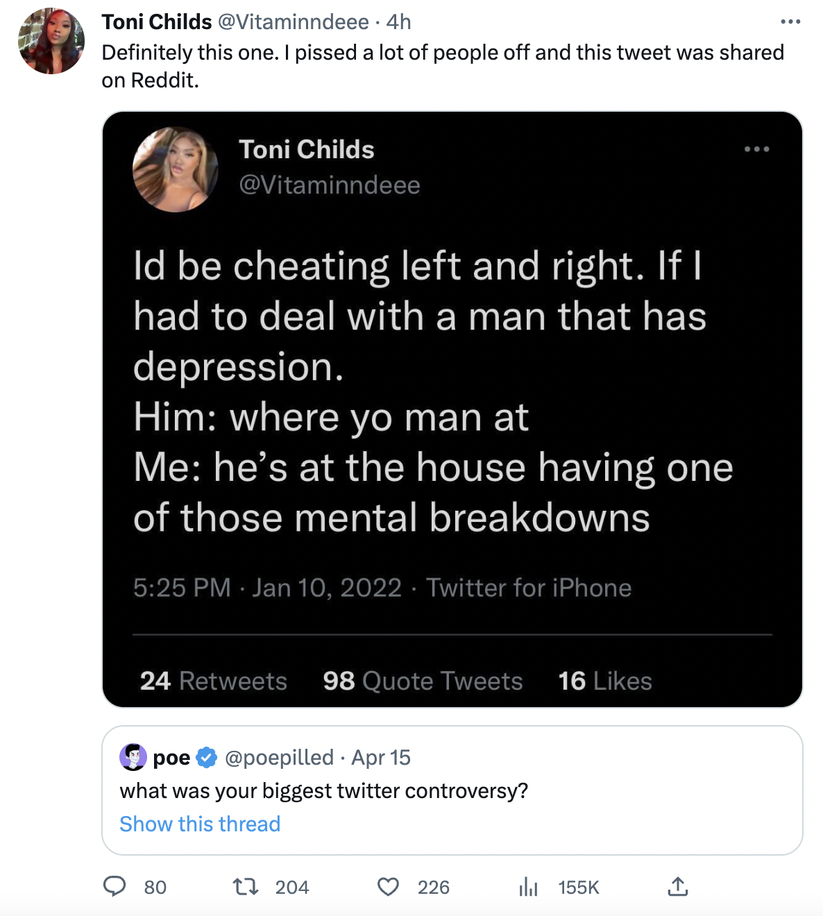 controversial tweets - multimedia -e. I pissed a lot of people off and this tweet was d on Reddit. Toni Childs ld be cheating left and right. If I had to deal with a man that has depression. Him where yo man at Me he's at the house having one o