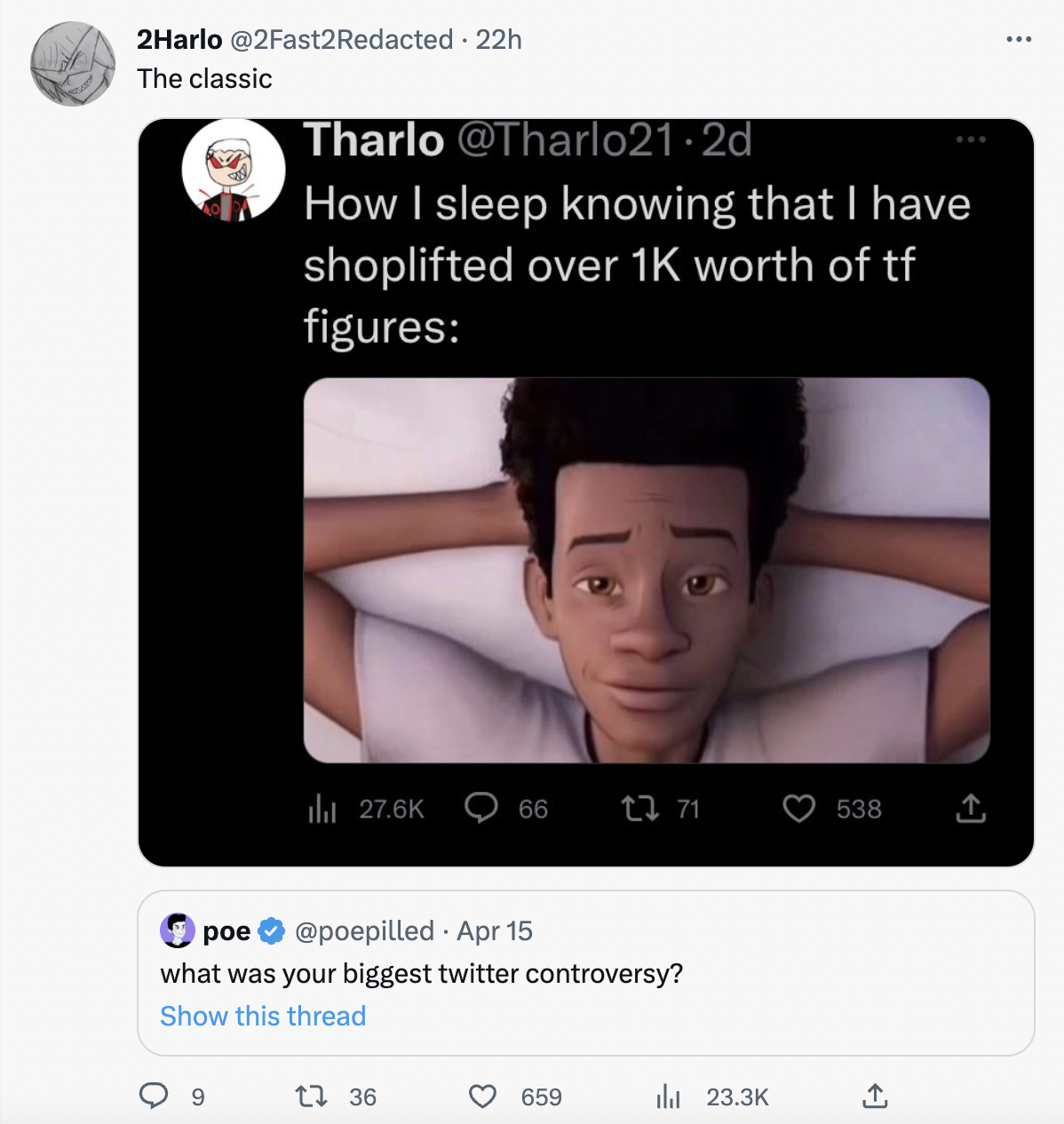 controversial tweets - photo caption - he classic  How I sleep knowing that I have shoplifted over 1K worth of tf figures