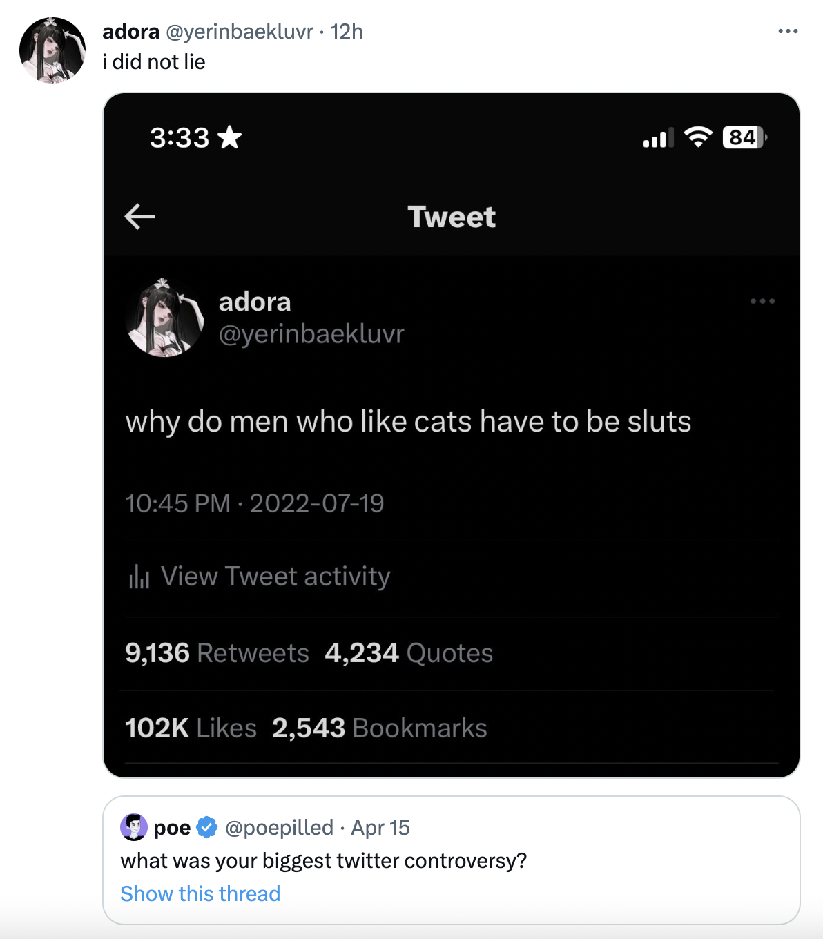 controversial tweets - screenshot -  i did not lie Tweet adora why do men who cats have to be sluts ill View Tweet activity