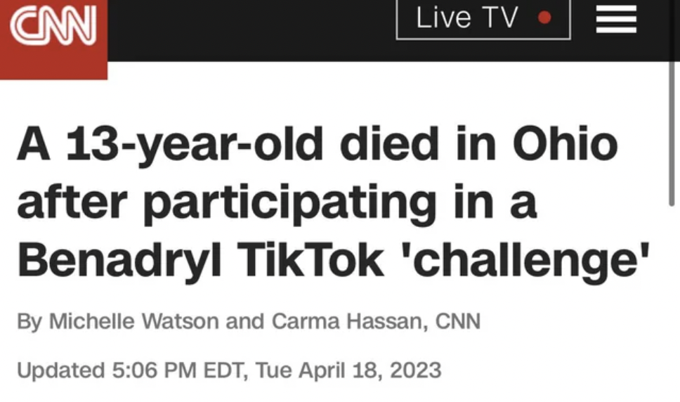 Facepalms - cnn - CnnA 13yearold died in Ohio after participating in a Benadryl TikTok 'challenge'