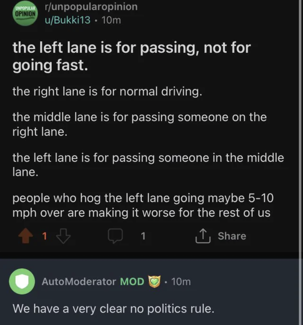 Facepalms - screenshot - Opinion 10m the left lane is for passing, not for going fast. the right lane is for normal driving. the middle lane is for passing someone on the right lane. the left lane is for passing someone in the middle lane.