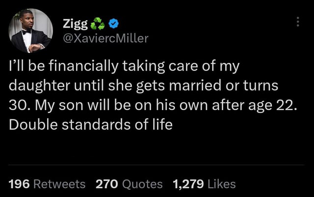 dank memes - Internet meme - Zigg I'll be financially taking care of my daughter until she gets married or turns 30. My son will be on his own after age 22. Double standards of life 196 270 Quotes 1,279