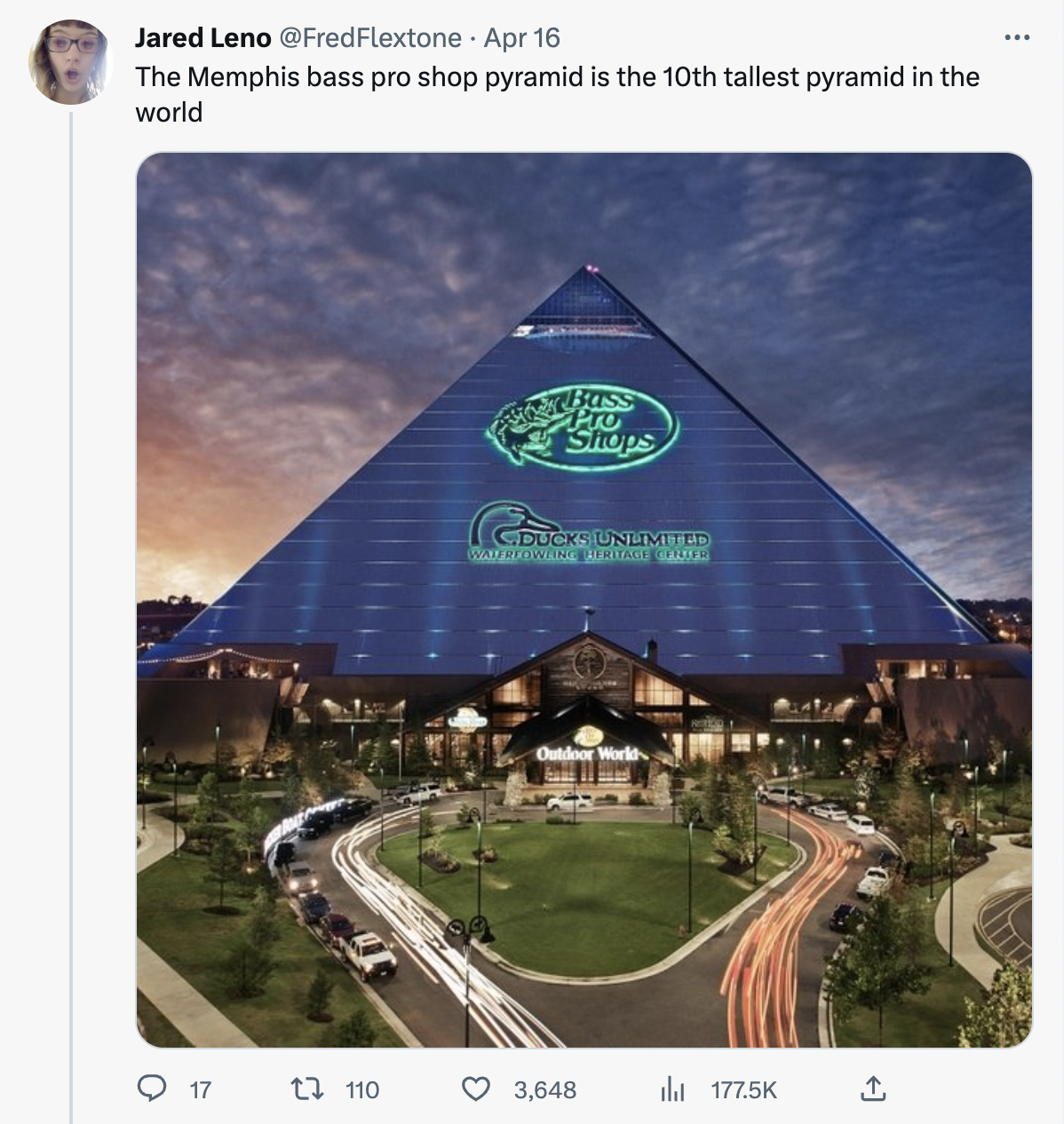 Twitter Shares facts - the lookout at the pyramid -The Memphis bass pro shop pyramid is the 10th tallest pyramid in the world 17 1 110 Briss Pro Shops Duck Unlimiter Outdoor 3,648 il 1