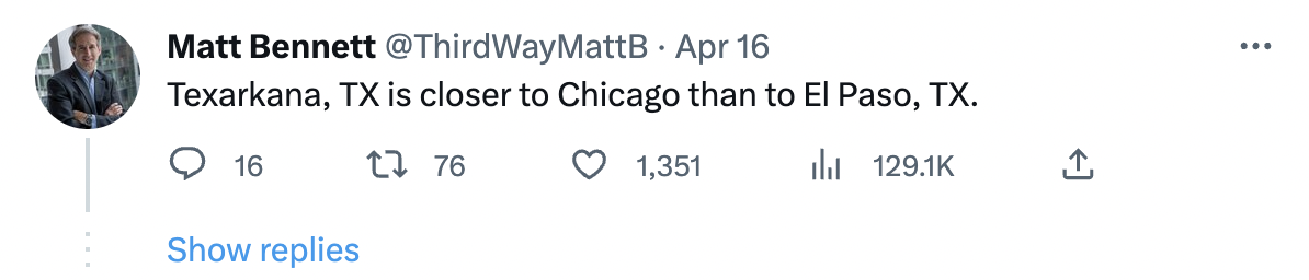 Twitter Shares facts - Matt Bennett is closer to Chicago than to El Paso, Tx. 1 76 16 Show replies 1,351