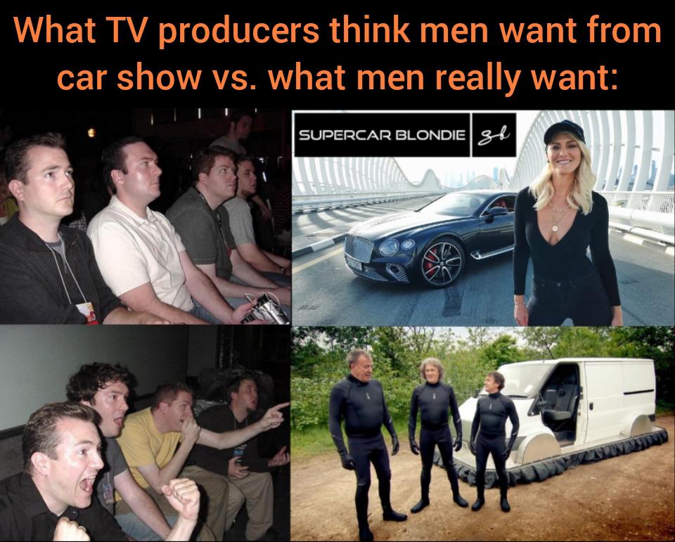 funny memes - Internet meme - What Tv producers think men want from car show vs. what men really want Supercar Blondie