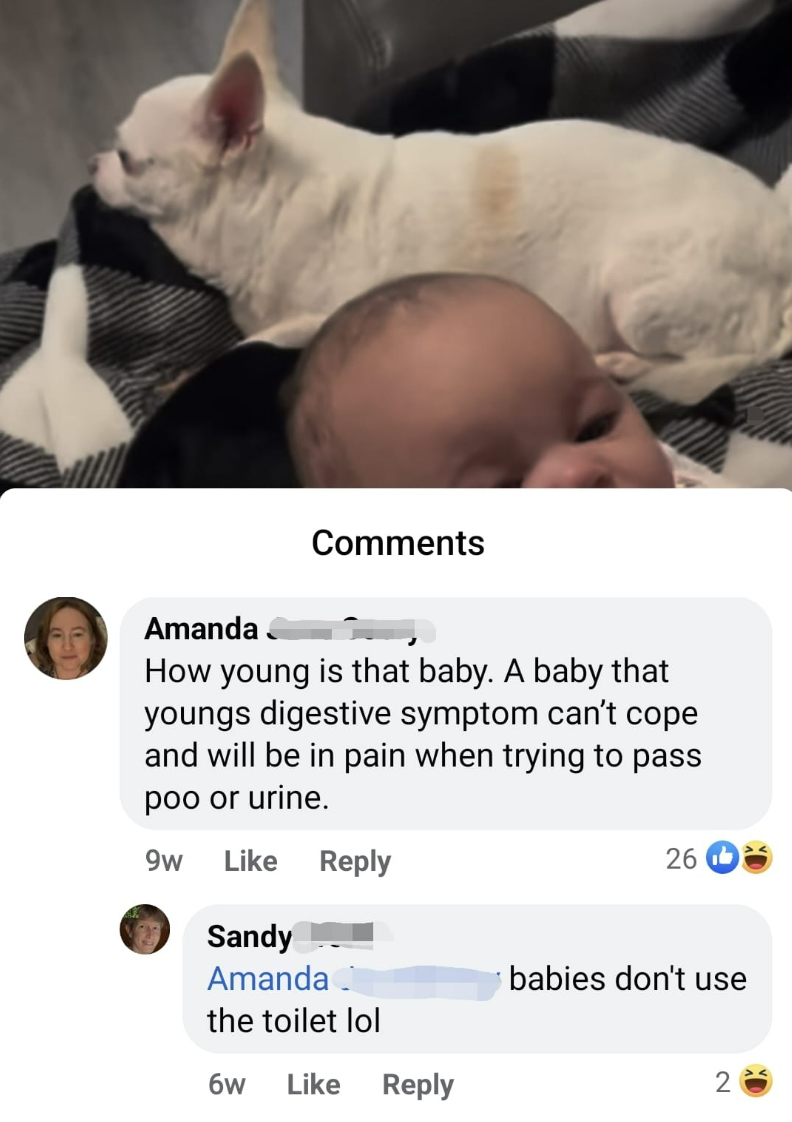 confidently incorrect - photo caption - 4 Amanda How young is that baby. A baby that youngs digestive symptom can't cope and will be in pain when trying to pass poo or urine. 9w Sandy Amanda the toilet lol 6w 26 babies don't use