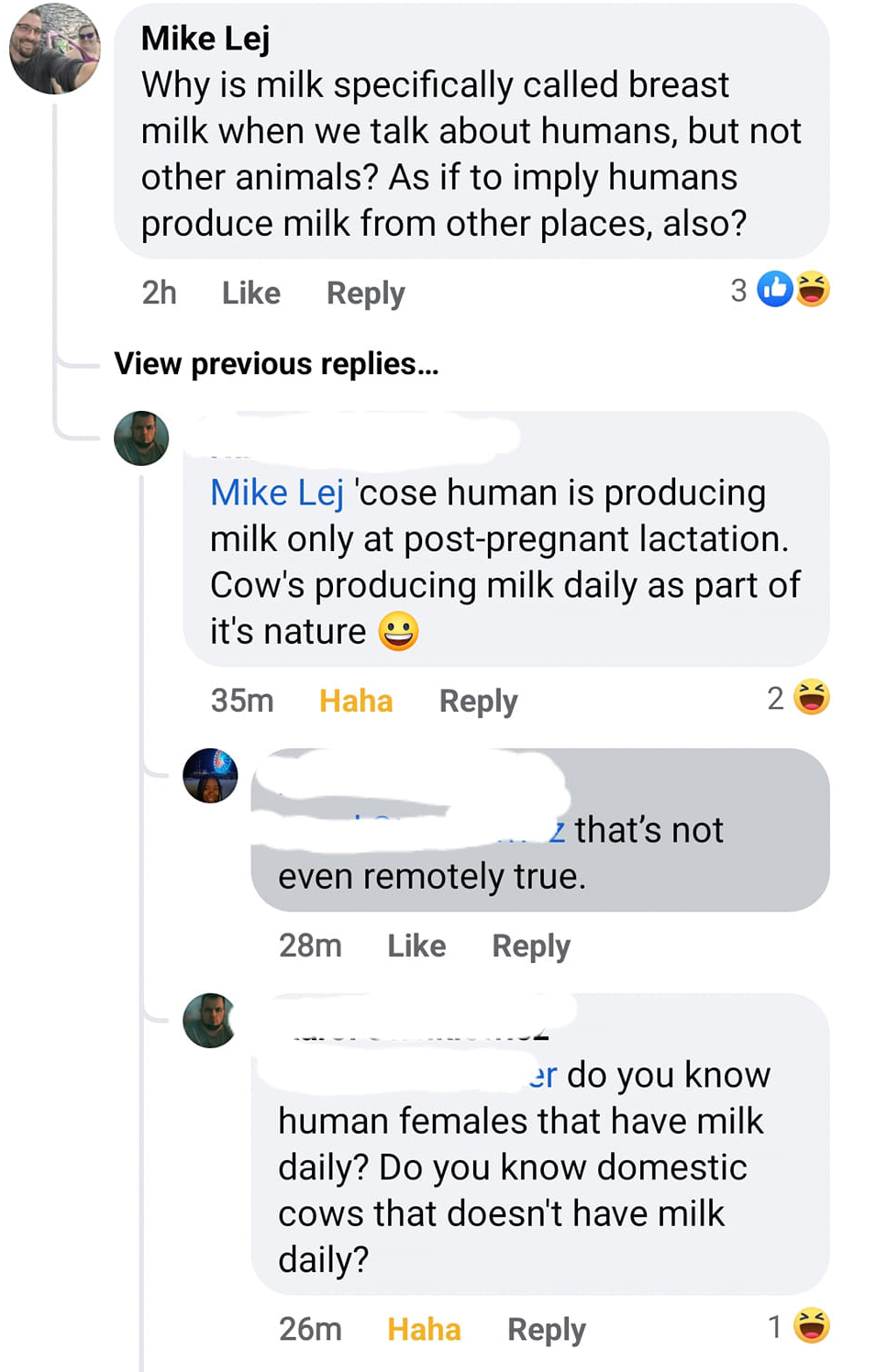 confidently incorrect - Mike Lej Why is milk specifically called breast milk when we talk about humans, but not other animals? As if to imply humans produce milk from other places, also? 2h View previous replies... Mike Lej 'cose human is producing milk o