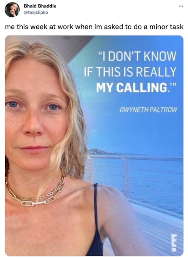 funny tweets - gwyneth paltrow - Bhald Bhaddie me this week at work when im asked to do a minor task "I Don'T Know If This Is Really My Calling."" Gwyneth Paltrow Li