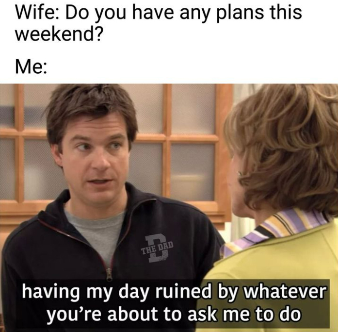monday morning randomness - wife weekend plans meme - Wife Do you have any plans this weekend? Me eco The Dad having my day ruined by whatever you're about to ask me to do
