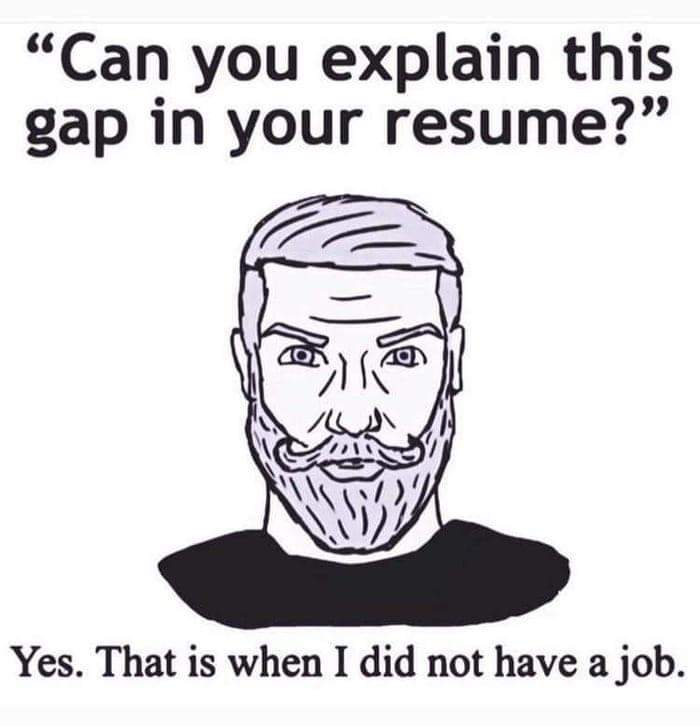 funny memes - can you explain this gap in your resume meme - "Can you explain this gap in your resume?" Yes. That is when I did not have a job.