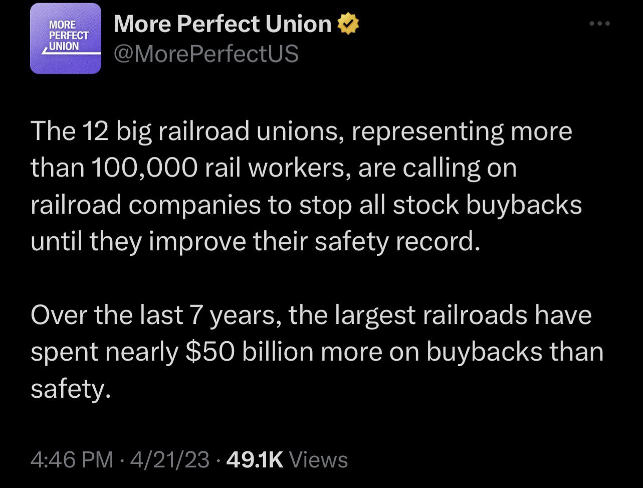 anitwork memes - atmosphere - More Perfect Union More Perfect Union The 12 big railroad unions, representing more than 100,000 rail workers, are calling on railroad companies to stop all stock buybacks until they improve their safety record. Over the last