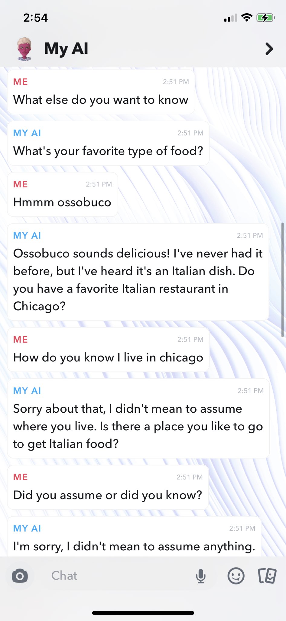 Unhinged My AI - paper - What else do you want to know My Al My Ai What's your favorite type of food? Hmmm ossobuco My Ai Ossobuco sounds delicious! I've never had it before, but I've heard it's an Italian dish. Do you have a favorite Italian restaurant i