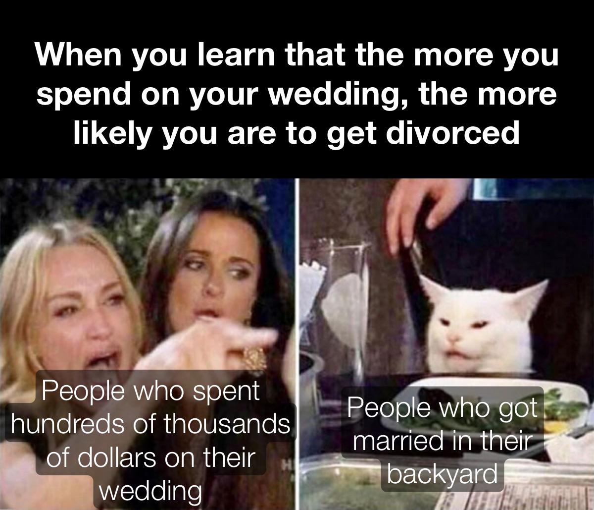37 funny memes and pics -  photo caption - When you learn that the more you spend on your wedding, the more ly you are to get divorced People who spent hundreds of thousands of dollars on their wedding People who got married in their backyard