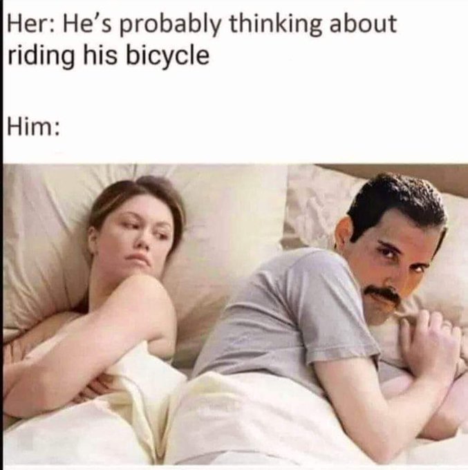 funny memes and tweets - shoulder - Her He's probably thinking about riding his bicycle Him