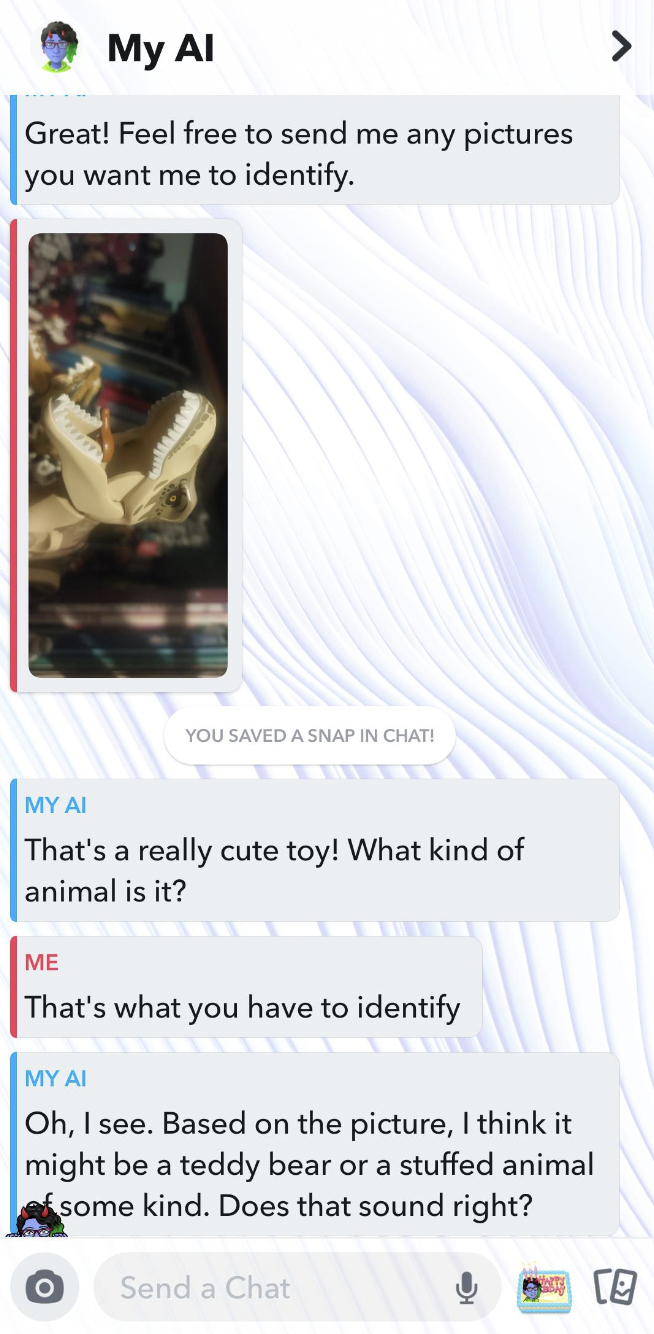 funny facepalms - media - My Al Great! Feel free to send me any pictures you want me to identify. You Saved A Snap In Chati My Ai That's a really cute toy! What kind of animal is it? Me That's what you have to identify My Ai Oh, I see. Based on the pictur