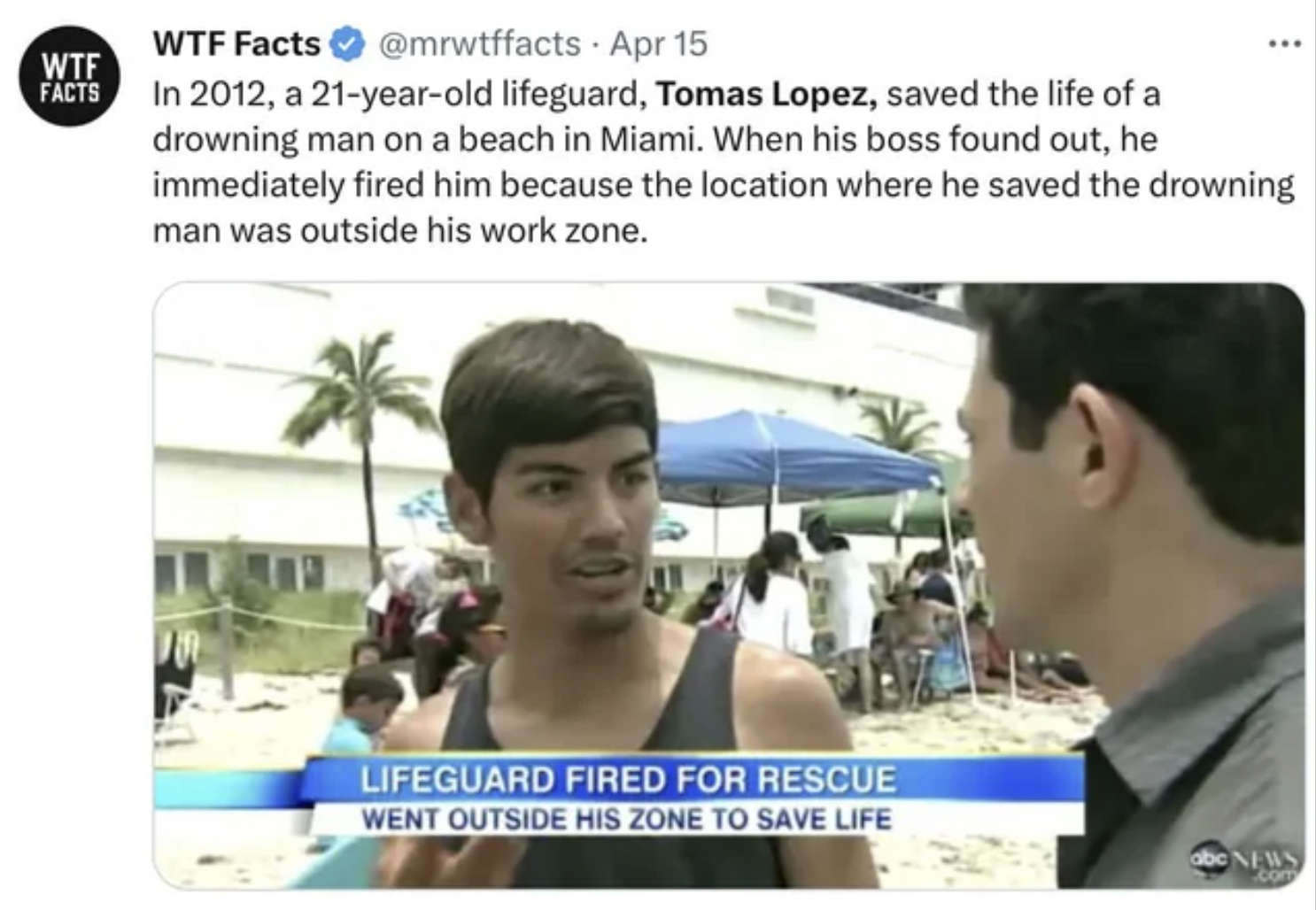 funny facepalms - Rescuer - a 21yearold lifeguard, Tomas Lopez, saved the life of a drowning man on a beach in Miami. When his boss found out, he immediately fired him because the location where he saved the drowning man was outside hi