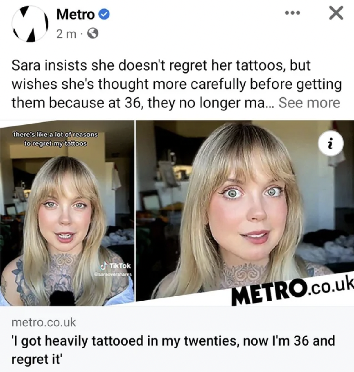 funny facepalms - blond - Sara insists she doesn't regret her tattoos, but wishes she's thought more carefully before getting them because at 36, they no longer ma... See more there's a lot of reasons to regret my tattoos X TikTok Metro.co.uk metro.co.uk