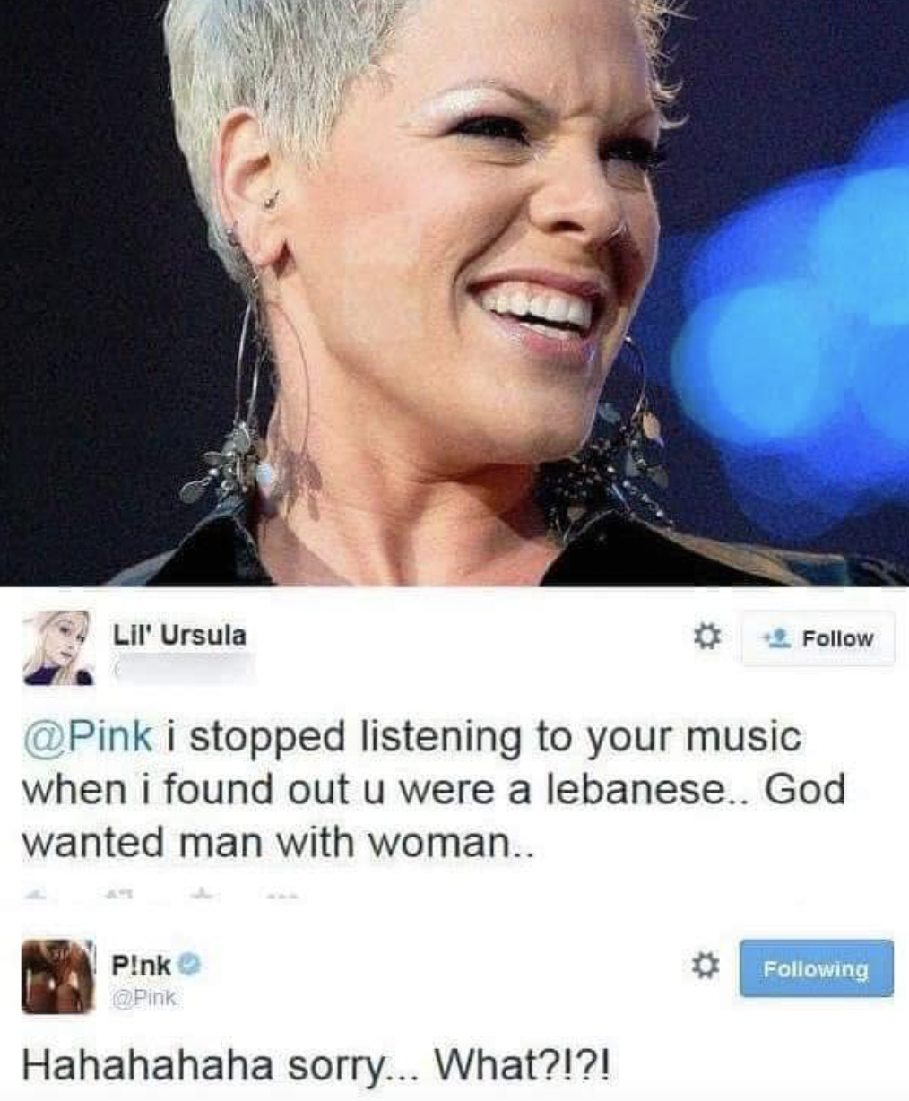 funny facepalms - pink lebanese - Lil' Ursula i stopped listening to your music when i found out u were a lebanese.. God wanted man with woman.. P!nk Hahahahaha sorry... What?!?! ing