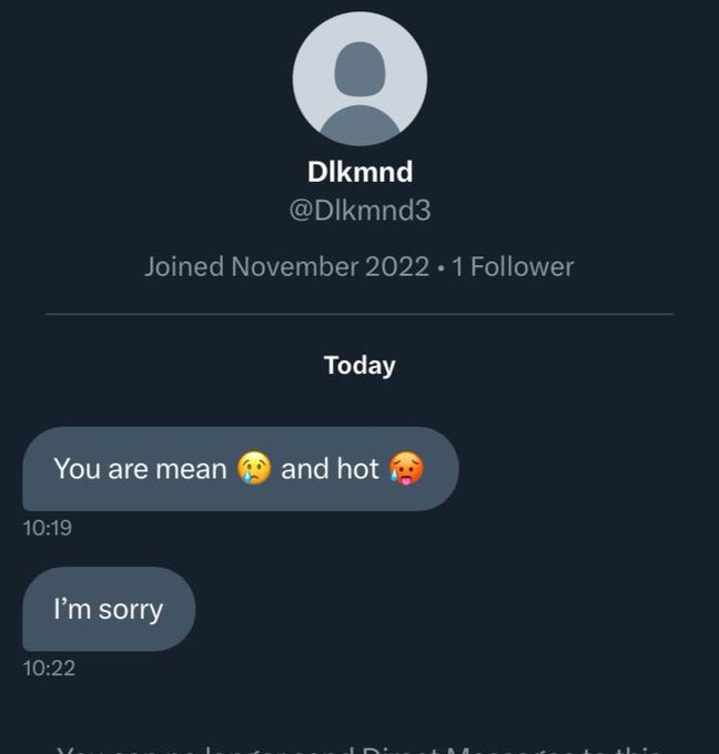 unhinged dms from twitter - screenshot - Q Dikmnd Joined .1 er You are mean and hot I'm sorry Today
