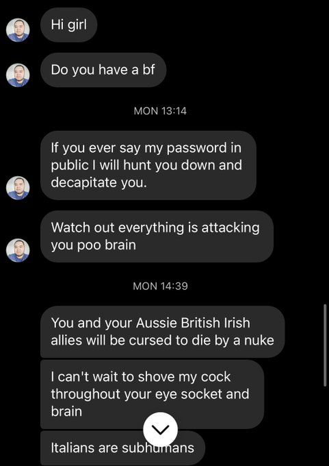 unhinged dms from twitter - screenshot - C D Hi girl Do you have a bf Mon If you ever say my password in public I will hunt you down and decapitate you. Watch out everything is attacking you poo brain Mon You and your Aussie British Irish allies will be c