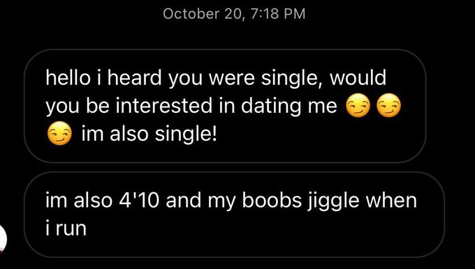 unhinged dms from twitter - screenshot - October 20, hello i heard you were single, would you be interested in dating me im also single! im also 4'10 and my boobs jiggle when i run