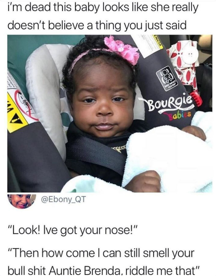 funny memes and pics - aflac - i'm dead this baby looks she really doesn't believe a thing you just said Encia 3 Side Impact Tested BOURgie Babies "Look! Ive got your nose!" "Then how come I can still smell your bull shit Auntie Brenda, riddle me that