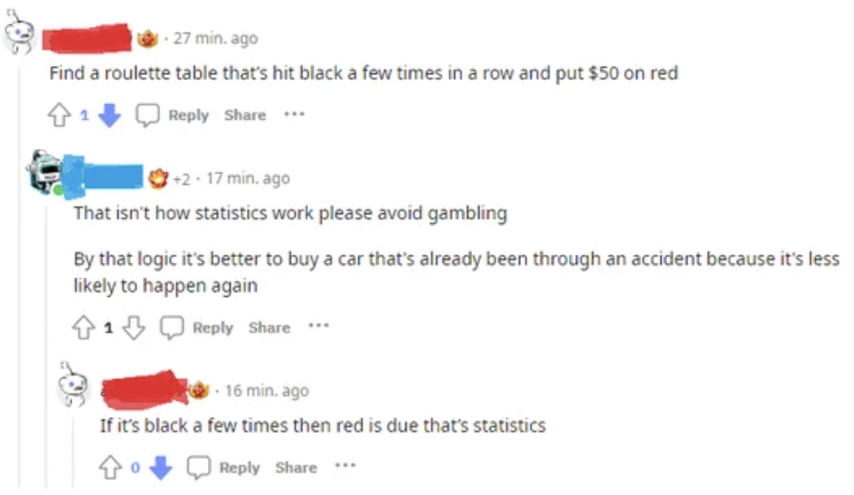 diagram - 27 min. ago Find a roulette table that's hit black a few times in a row and put $50 on red ... 217 min. ago That isn't how statistics work please avoid gambling By that logic it's better to buy a car that's already been through an accident becau