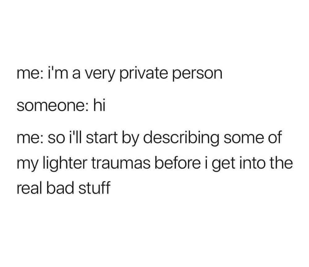 relatable memes - psychology memes - me i'm a very private person someone hi me so i'll start by describing some of my lighter traumas before i get into the real bad stuff