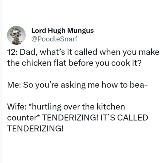 monday morning randomness - Viral Infection - Lord Hugh Mungus 12 Dad, what's it called when you make the chicken flat before you cook it? Me So you're asking me how to bea Wife hurtling over the kitchen counter Tenderizing! It'S Called Tenderizing!