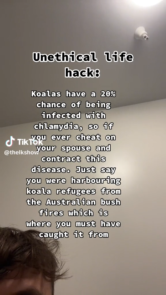 Unethical life hack Koalas have a 20% chance of being infected with chlamydia, so if Tik Tok ever cheat on your spouse and contract this ! disease. Just say you were harbouring koala refugees from the Australian bush fires which is where you must have…