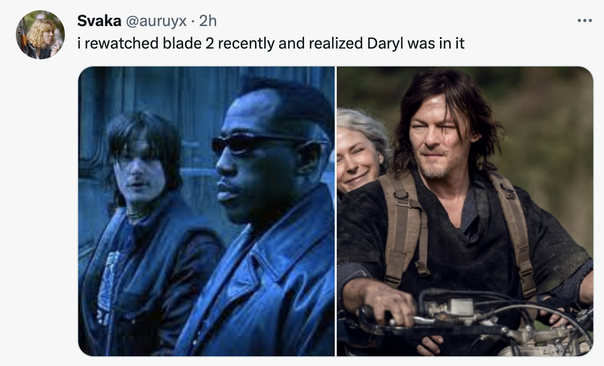 actors with range  - melissa mcbride norman reedus - Svaka . 2h i rewatched blade 2 recently and realized Daryl was in it Versen