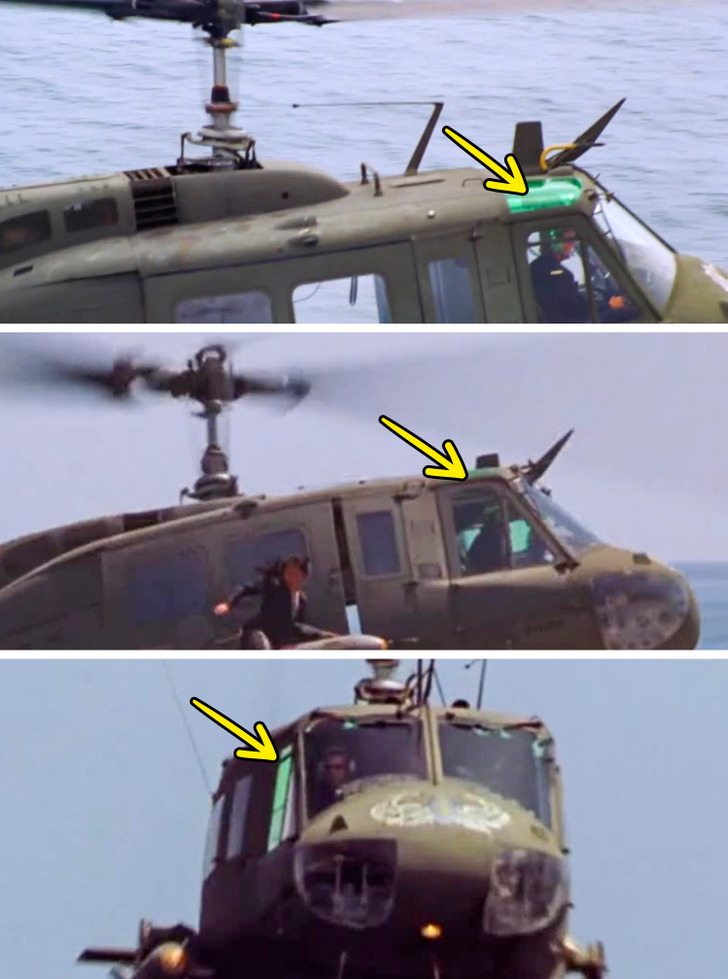 Parts of the green screen toward the end of the first Charlie’s Angels movie were not properly rendered, so there are a few quick shots of Sam Rockwell “piloting” a helicopter against a neon green backdrop.