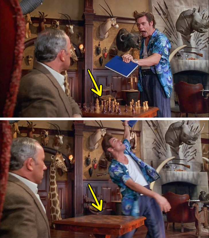 In Ace Ventura: When Nature Calls, when Ace is confronting the bad guy near the end. The bad guy is sitting at a chess table by himself. Halfway through the scene, all the chess pieces vanish.