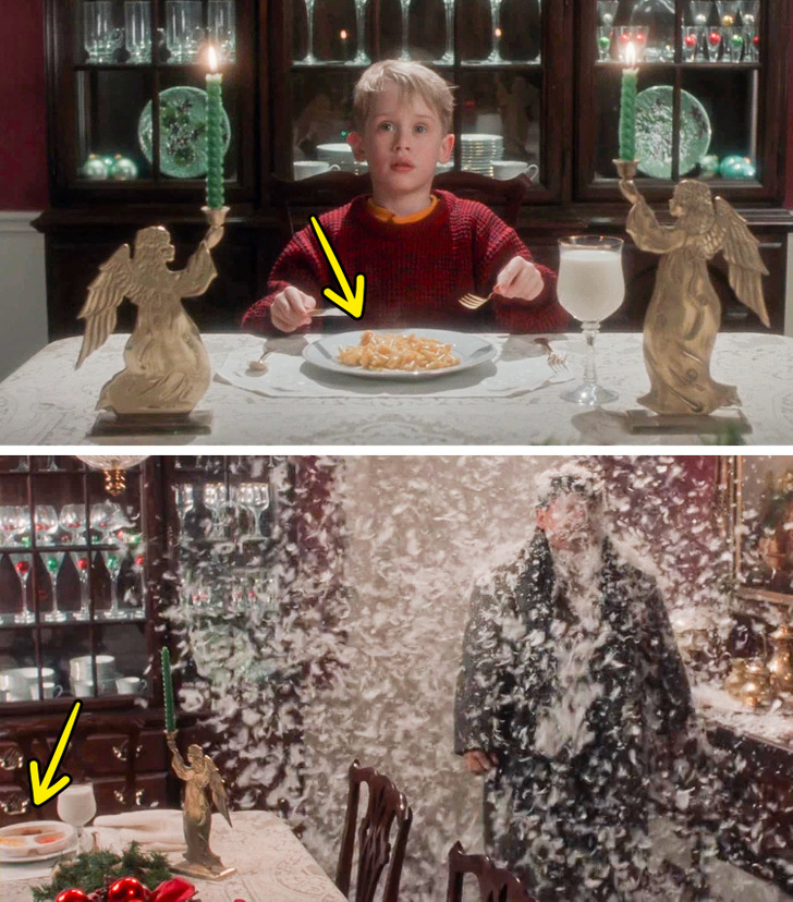 In Home Alone, when Kevin is eating his macaroni and cheese meal, the clock rings 9, then cuts to Kevin blowing out the candles. When the bandits come in, there’s a completely different microwavable dinner on the table.