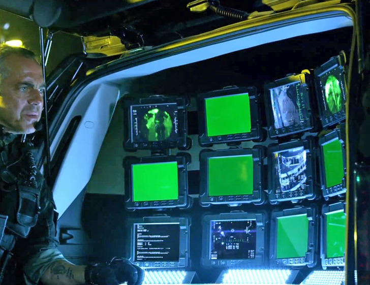 The fourth Transformers movie has some military guys looking at screens and some of the screens still have green screens that were never replaced.