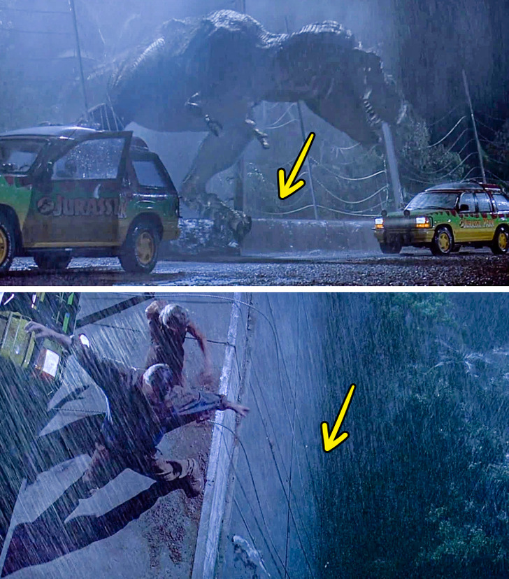 Jurassic Park. The T-Rex comes out of a heavily forested area, eats the goat, tears down the fence, and suddenly all that land disappears, replaced by a large dam that Alan Grant can rappel down. Huge budget film, massively famous director. I still wonder how they got away with this 30 years later.
