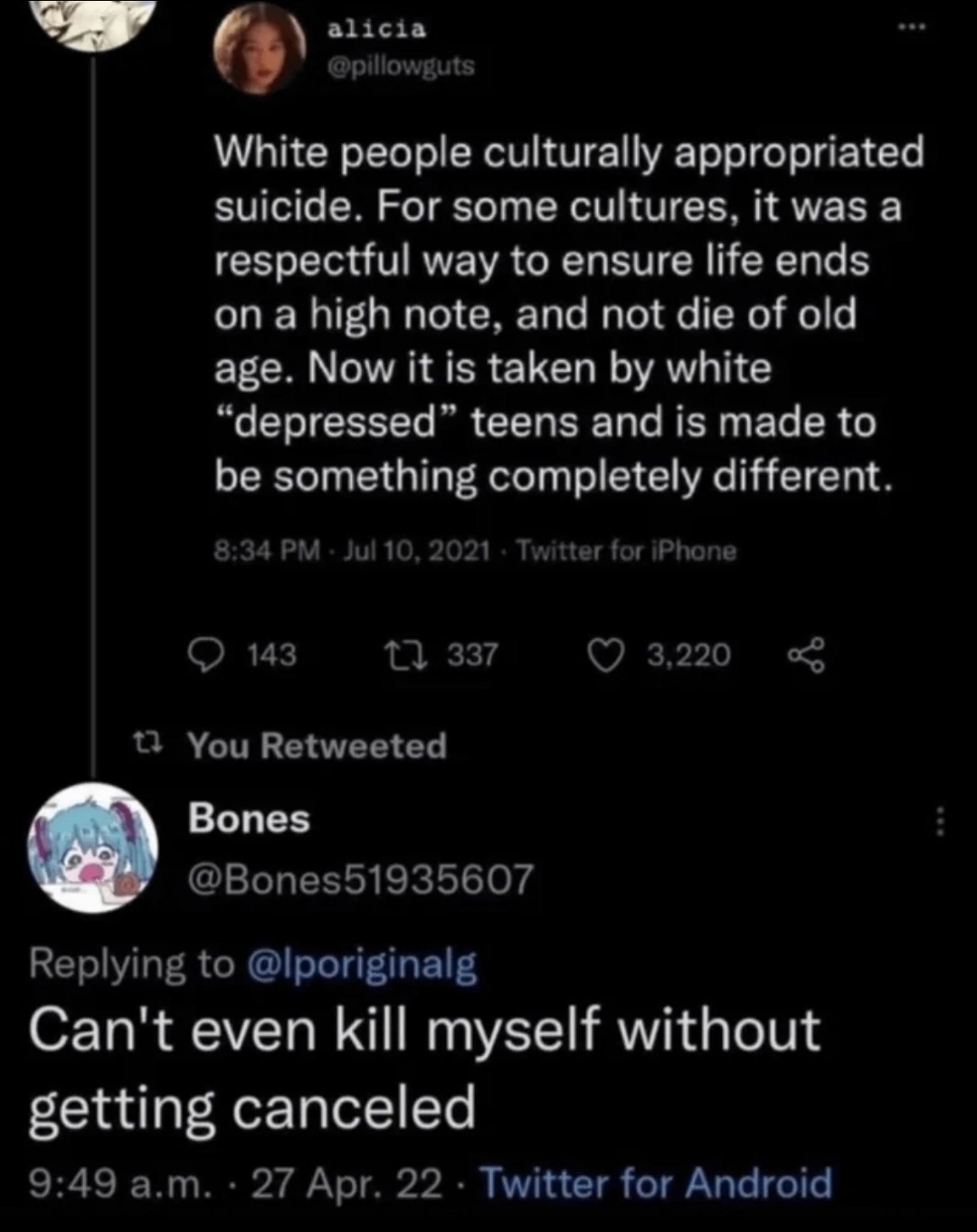 fails and facepalms  - Suicide - alicia White people culturally appropriated suicide. For some cultures, it was a respectful way to ensure life ends on a high note, and not die of old age. Now it is taken by white
