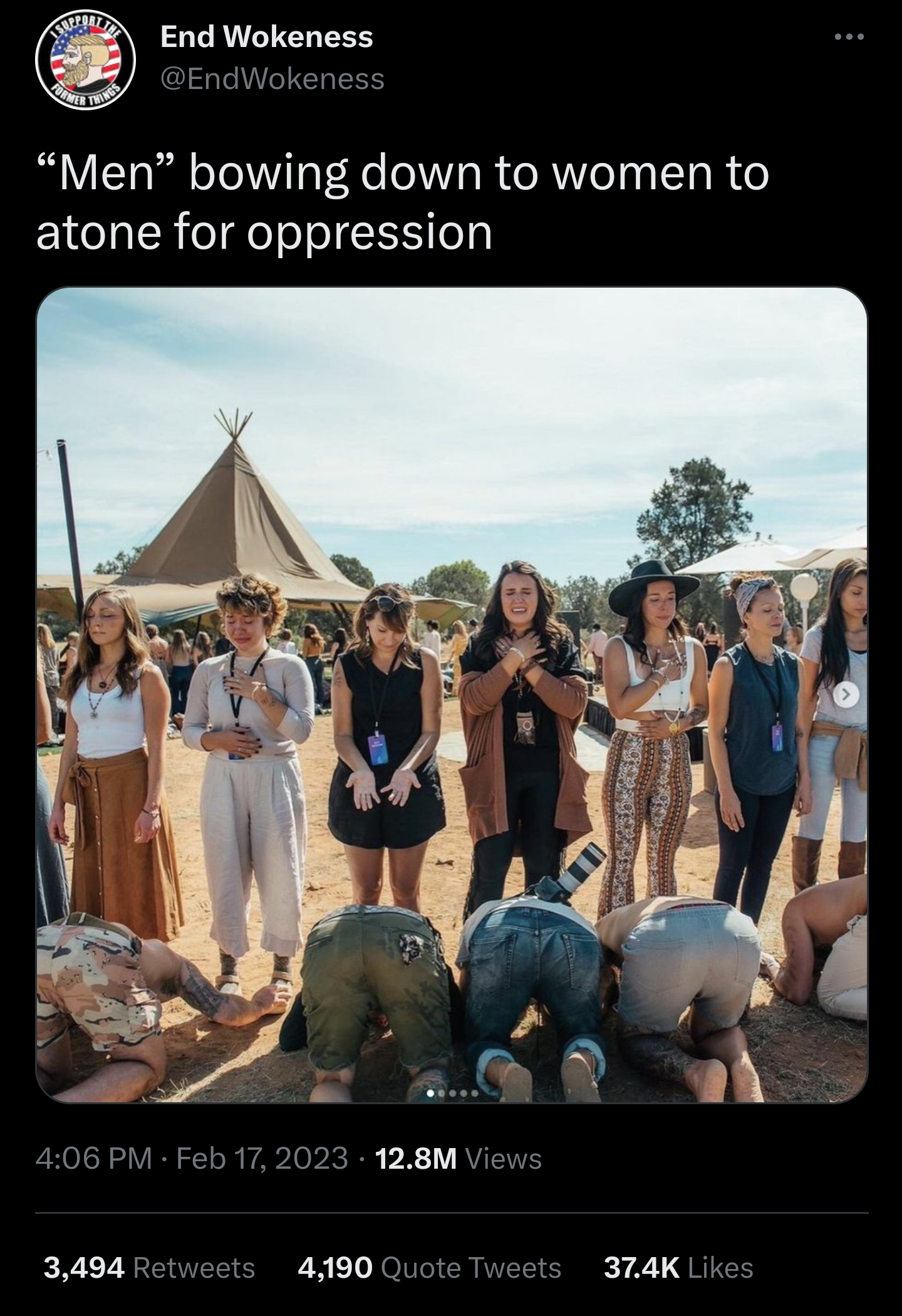 cringe pics - men bowing down to women - There Jus End Wokeness "Men" bowing down to women to atone for oppression 12.8M Views Hoding Prodica Den 3,494 4,190 Quote Tweets