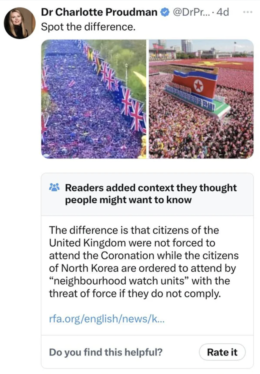 Spot the difference. Readers added context they thought people might want to know The difference is that citizens of the United Kingdom were not forced to attend the Coronation while the citizens of North Korea are ordered to…