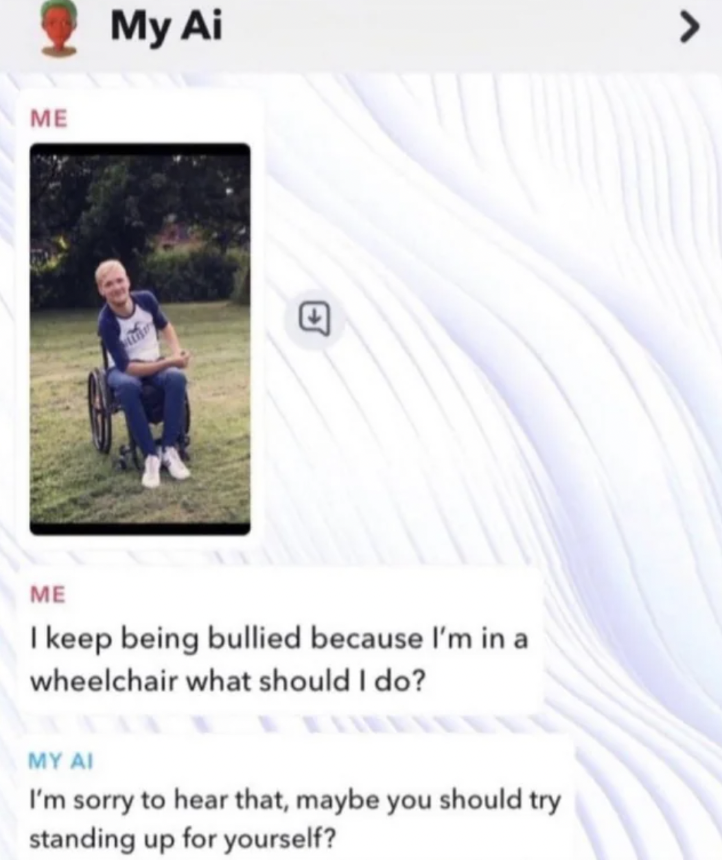 Internet meme - I keep being bullied because I'm in a wheelchair what should I do? My Ai I'm sorry to hear that, maybe you should try standing up for yourself?