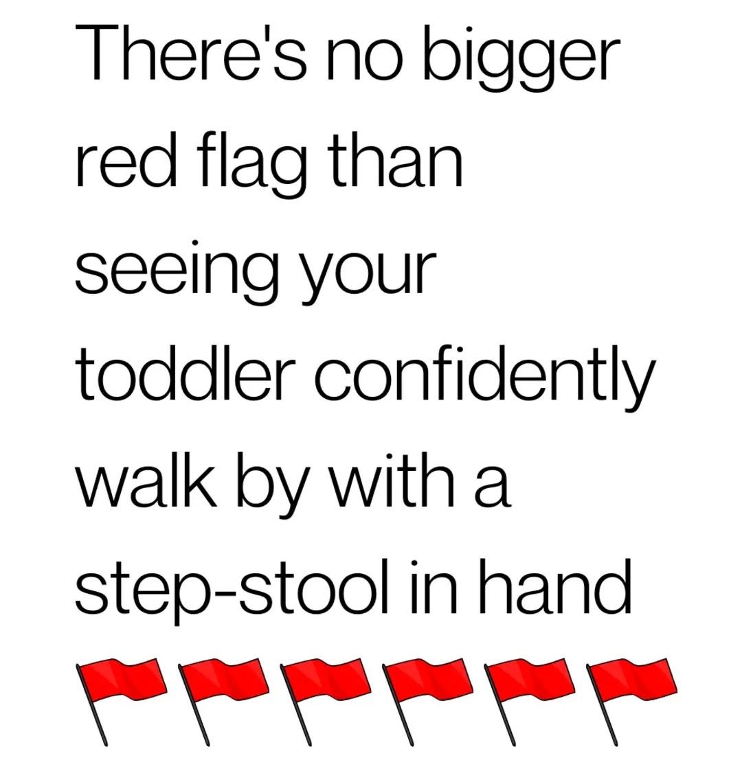 funny memes and pics - angle - There's no bigger red flag than seeing your toddler confidently walk by with a stepstool in hand