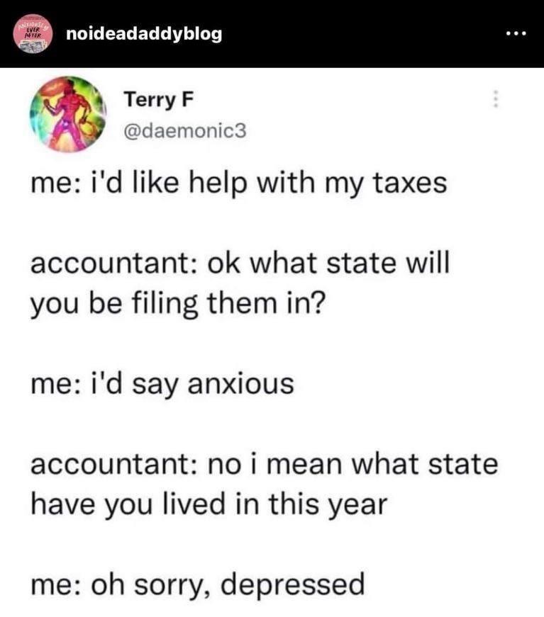 funny memes and pics - document - Anxions! Ever After noideadaddyblog Terry F me i'd help with my taxes accountant ok what state will you be filing them in? me i'd say anxious accountant no i mean what state have you lived in this year me oh sorry, depres