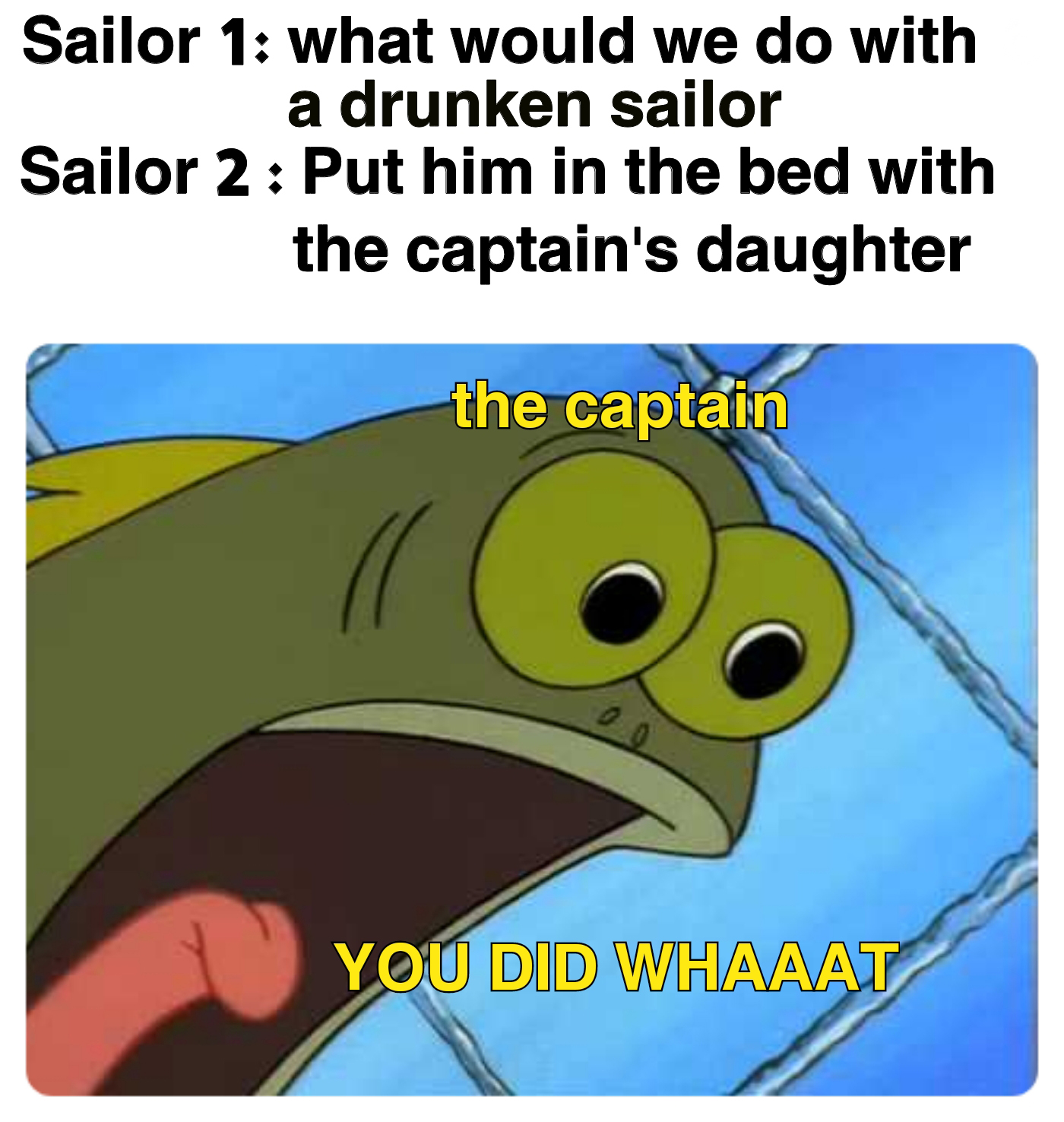 funny memes and pics - fauna - Sailor 1 what would we do with a drunken sailor Sailor 2 Put him in the bed with the captain's daughter the captain You Did Whaaat